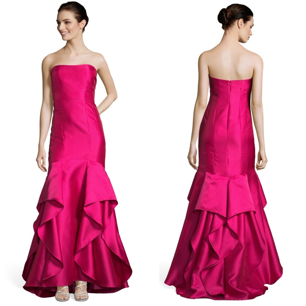 ADRIANNA PAPELL GERANIUM PINK STRAPLESS RUFFLE FORMAL EVENING GOWN DRESS
